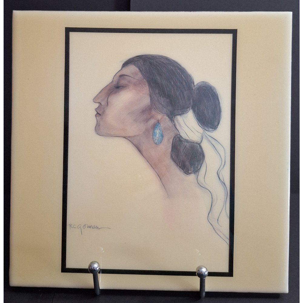 R. C. Gorman Ceramic Navajo Art Tile "Turquoise Earring" 8x8